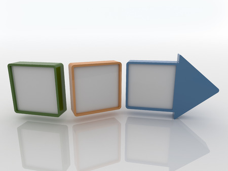 Abstract 3D image of an arrow made with three cubes canvas on a white floor with space for advertise or image. Canvas reflect on the floor. Colors are green, orange and blue.の写真素材