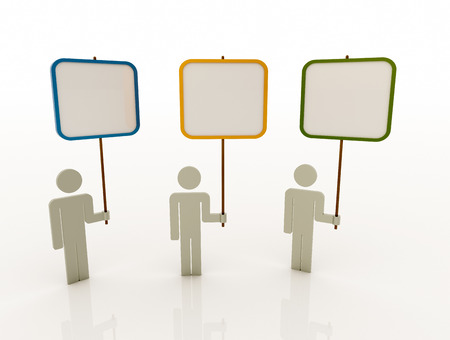 Abstract 3D image of three people team standing and displaying white placard on a white floor with space for advertise, text or image.の写真素材