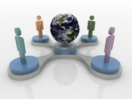 Abstract 3D concept of people in a work group standing on podium around earth.  Colors are green,...