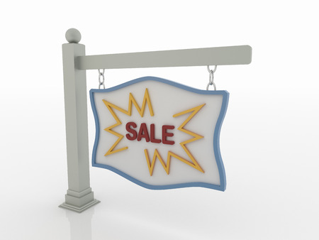 Signboard on post with chains on a white floor with a blue frame, with Sale message on it. 3D rendered artwork. The post has crown on base and a sphere on top.の写真素材