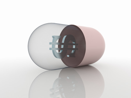Abstract 3D design of a pill with money symbol. Plastic is half transparent half pink. Rendered against a white background with shadows and reflections.の写真素材
