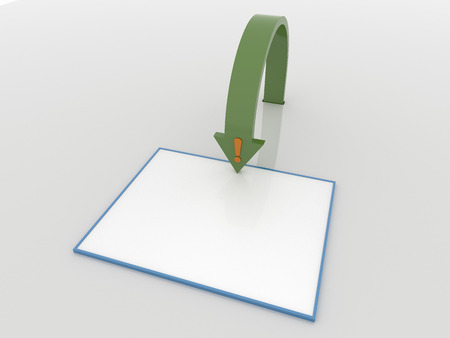 Abstract 3D design of an arrow  leaving the floor up to a placard. Rendered against a white background with shadows and reflections. Notice concept.の写真素材