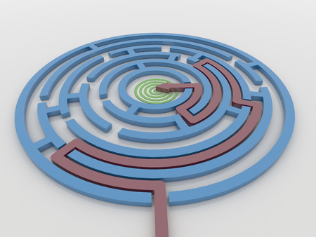 Maze Labyrinth 3D Render with Red Arrow from outside to center target. Render on a reflective white floor. Problem solving conceptの写真素材