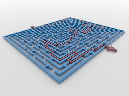 Problem solving concept of a red arrow across a blue maze on a white reflective background perspective view.の写真素材