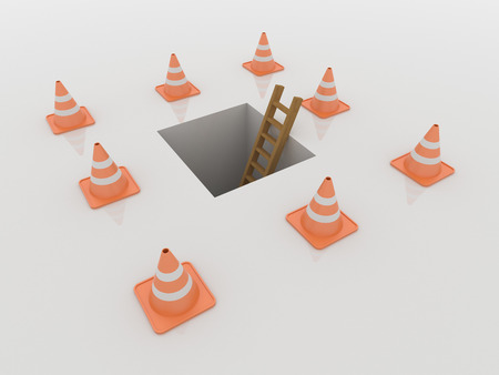 Traffic cones around a hole in the ground with ladder, 3D Render on a reflective white floor. Under construction and problem conceptの写真素材