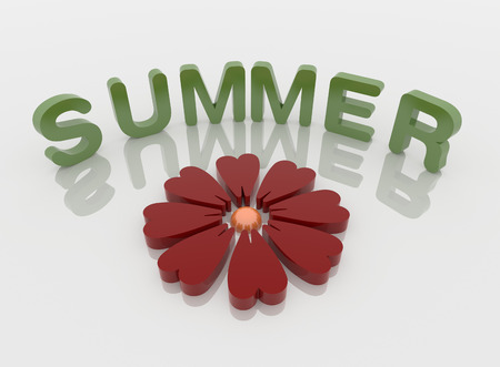 Red Flower and green summer word on  a reflective white floor, 3D illustrationの写真素材