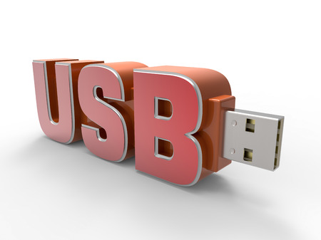 Red plastic flash pen stick with USB word, isolated on white background. 3D Render graphic