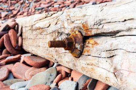 Old rusted screw bolted into a long piece of cracked driftwood in perspective, lying on red stones.の写真素材