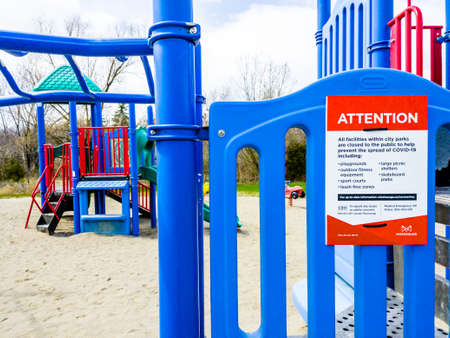MISSISSAUGA, ONTARIO, CANADA - APRIL 16, 2020: The city closed all park facilities in late March 2020, including this playground in Erindale Park, to prevent the spread of COVID-19.のeditorial素材