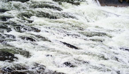 Churning shallow river rapids among rocks.