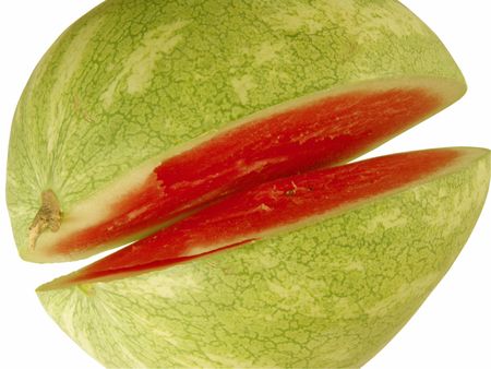 A slice open (cutting) watermelon isolated on white backgroundの写真素材