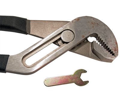 Macro view of groove lock pliers and wrench hand toolの写真素材