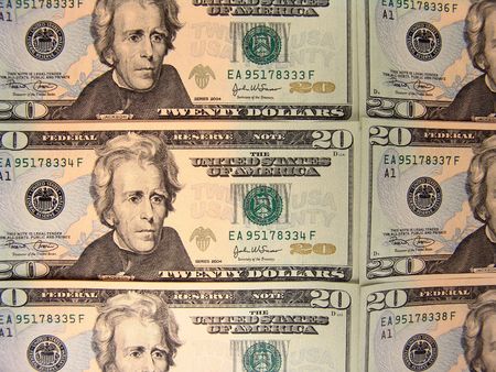 New 20 dollars United States bills with consecutive numbersの写真素材