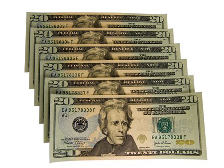 A series of new 20 dollars United States currency in 6 consecutive numbersの写真素材