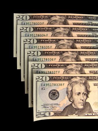 A series of new 20 dollars United States currency in 6 consecutive numbersの写真素材
