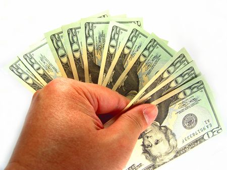 Hand holding US Twenty Dollar Billsの写真素材