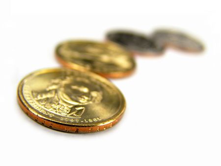 Isolated United States 2007 One Dollar Coins Macro Close-up (Engraved In God We Trust on the side)  ...