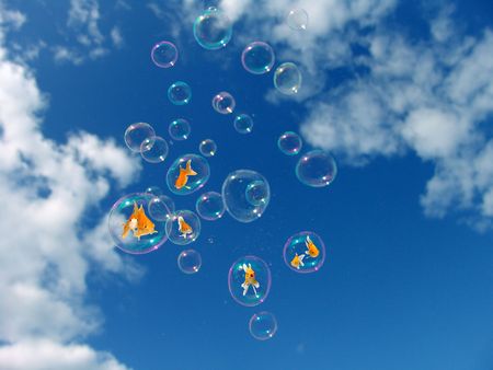 Eco-friendly Energy Environmental Protection Soap Bubbles Sky Goldfishes Playing                          の写真素材