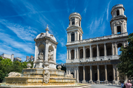 Paris, France - August 14, 2016: Saint-Sulpice is a Roman Catholic church in Paris. The Fountain Saint-Sulpice or Fountain of the Four Bishops presents the statues of four bishops, one on each of its sidesのeditorial素材