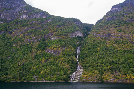 Geiranger fjord, Beautiful Nature Norway. It is a 15-kilometre (9.3 mi) long branch off of the Sunnylvsfjorden, which is a branch off of the Storfjorden (Great Fjord).の写真素材