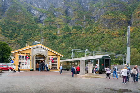 Flam, Norway - September 6, 2017: Flam is a village in Flamsdalen, at the inner end of the Aurlandsfjorden, a branch of Sognefjorden. The village is located in the municipality of Aurland in Sogn og Fjordane county, Norway.のeditorial素材