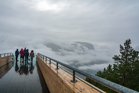 Stegastein, Norway - September 6, 2017: Stegastein is a scenic overlook on Sogn og Fjordane County Road 243 in Norway. The 30 meter long and 4 meter wide platform of steel and laminated pine overlooks Aurlandsvangen and the Aurlandsfjord.のeditorial素材