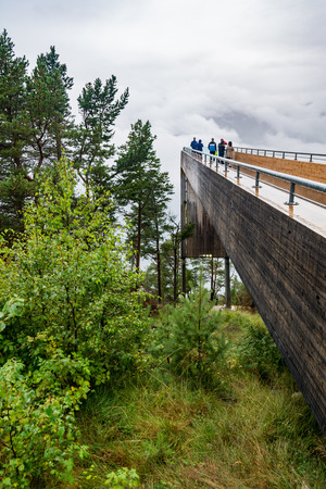 Stegastein, Norway - September 6, 2017: Stegastein is a scenic overlook on Sogn og Fjordane County Road 243 in Norway. The 30 meter long and 4 meter wide platform of steel and laminated pine overlooks Aurlandsvangen and the Aurlandsfjord.のeditorial素材