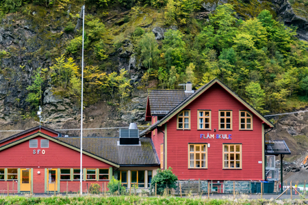 Flam is a village in Flamsdalen, at the inner end of the Aurlandsfjorden, a branch of Sognefjorden. The village is located in the municipality of Aurland in Sogn og Fjordane county, Norway.の写真素材