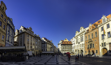 Prague, Czech Republic - April 5, 2018 : Streets near Old town Square (staromestske namesti), with beautiful buildings, sometimes painted.のeditorial素材