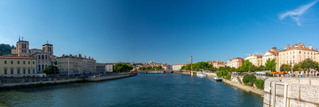 Lyon, France - July 19, 2018: Lyon cityscape with Lyon Cathedral, pedestrian bridge and the court...