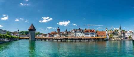 Lucerne, Switzerland - May 31, 2019 : The Kapellbrucke (Chapel Bridge) is a covered wooden...
