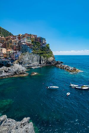 Manarola, Italy - June 02, 2019 : Manarola is a small town in the province of La Spezia, Liguria, northern Italy. It is the second-smallest of the famous Cinque Terre towns frequented by tourists.のeditorial素材