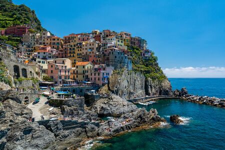 Manarola, Italy - June 02, 2019 : Manarola is a small town in the province of La Spezia, Liguria, northern Italy. It is the second-smallest of the famous Cinque Terre towns frequented by tourists.のeditorial素材