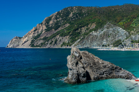 Monterosso al Mare, Italy - June 3, 2019 : Monterosso al Mare is a town in the province of La Spezia. It is one of the five villages in Cinque Terre. It is located at the center of a small natural gulf, protected by a small artificial reef.のeditorial素材