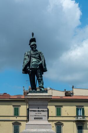 Pisa, Italy - June 6, 2019 : statue of Vittorio Emanuele II on the Piazza Vittorio Emanuele II. Vittorio Emanuele II was the King of Italy from 29 July 1900 until his abdication on 9 May 1946.のeditorial素材