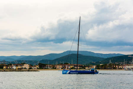 Port Grimaud, France - June 11, 2019 : A race with boats in Port Grimaud, the Venice of Provence,...