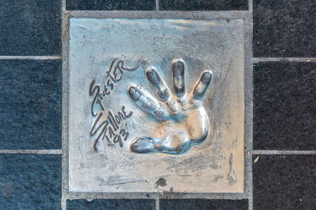 Cannes, France - June 12, 2019 : Handprints of celebrities. The imprint of the hand of a famous American actor Sylvester Stallone.のeditorial素材