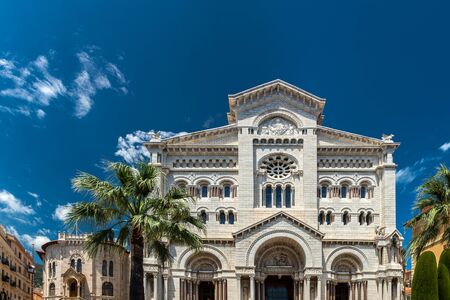 Exterior of the Monaco Cathedral (Cathedrale de Monaco) in Monaco-Ville, Monaco. It's famous for the tombs of Princess Grace and Prince Rainier.の写真素材