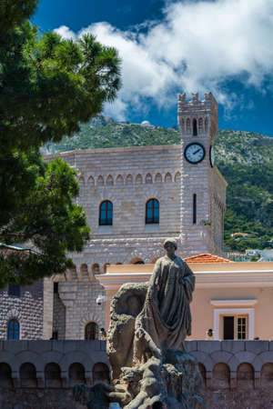 Monaco-Ville, Monaco - June 13, 2019 : The Prince s Palace of Monaco, with guards, the official residence of the Sovereign Prince of Monaco.のeditorial素材