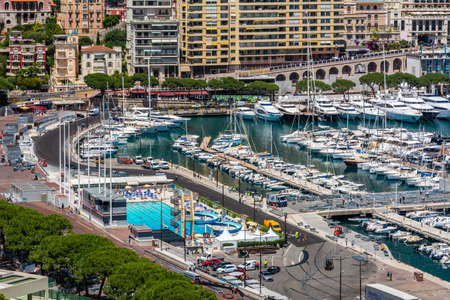 Monte Carlo, Monaco - June 13, 2019 : Monte Carlo is a city in Monaco, situated on a prominent escarpment at the base of the Maritime Alps along the French Riviera.