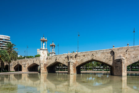 Pont del Mar stone bridge with the Virgin dels Desemparats monument standing above Turia Gardens' water channel under a clear blue skyの写真素材