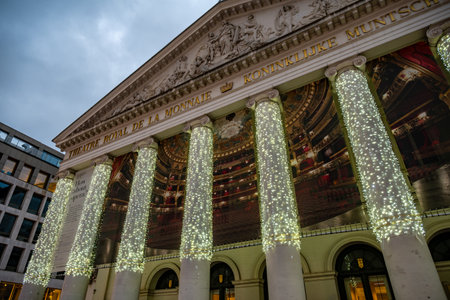 Brussels, Belgium - Nov 30, 2025: La Monnaie Theater facade decorated with sparkling Christmas lights during the Winter Wonders festive season.のeditorial素材