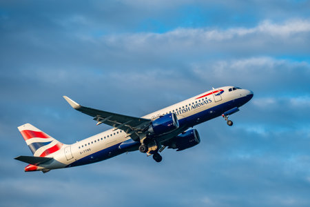 Brussels, Belgium - Dec 21, 2025: British Airways Airbus A320 passenger jet taking off from Brussels...