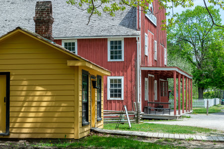 Toronto, ON, Canada â May 15, 2022: View the over forty 19th-century buildings in the open-air heritage museum Black Creek Pioneer Village in Toronto, Ontario, Canada. The village is a recreation of life in 19th-century Ontario and gives an idea of how のeditorial素材