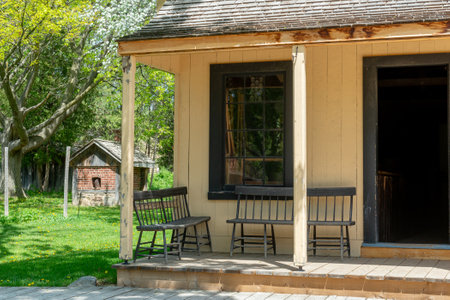 Toronto, ON, Canada â May 15, 2022: View the over forty 19th-century buildings in the open-air heritage museum Black Creek Pioneer Village in Toronto, Ontario, Canada. The village is a recreation of life in 19th-century Ontario and gives an idea of how のeditorial素材