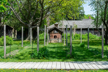 Toronto, ON, Canada â May 15, 2022: View the over forty 19th-century buildings in the open-air heritage museum Black Creek Pioneer Village in Toronto, Ontario, Canada. The village is a recreation of life in 19th-century Ontario and gives an idea of how のeditorial素材