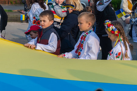 Toronto, ON, Canada â May 18, 2023:  People in Ukrainian national clothes - Vyshivanka are walking along Toronto Street on Vyshyvanka Day, which is celebrated by all Ukrainians around the worldのeditorial素材