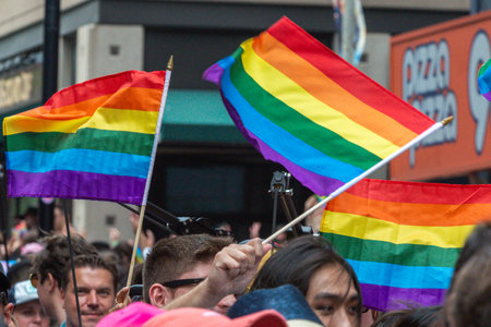 Toronto, ON, Canada â June 26, 2022: Rainbow flag at the 2022 Annual Pride Parade of Pride Month in Toronto Downtownのeditorial素材