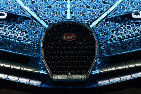 Toronto, ON,  Canada - February 15, 2019: Presentation of LEGO Technic Bugatti Chiron with the engine  made up of more than 6,000 LEGO Technic gear wheels and cross axles and 2,304 LEGO Power Function Motors can produce a top speed of about 18 mph during のeditorial素材
