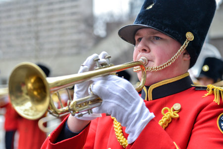 Toronto, ON, Canada â€“ March 10, 2019:  Drummers and Pipers Take Part in a St Patrick's Day...